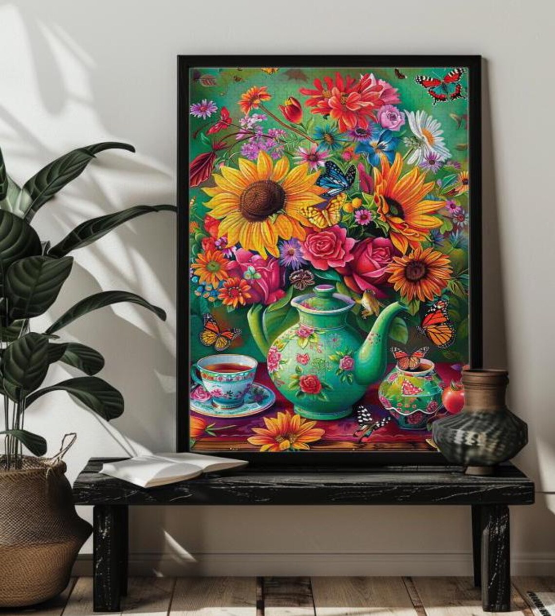 Colorful Watercolor Teapot Vase Wildflower Bouquet Garden Poster - Image 3