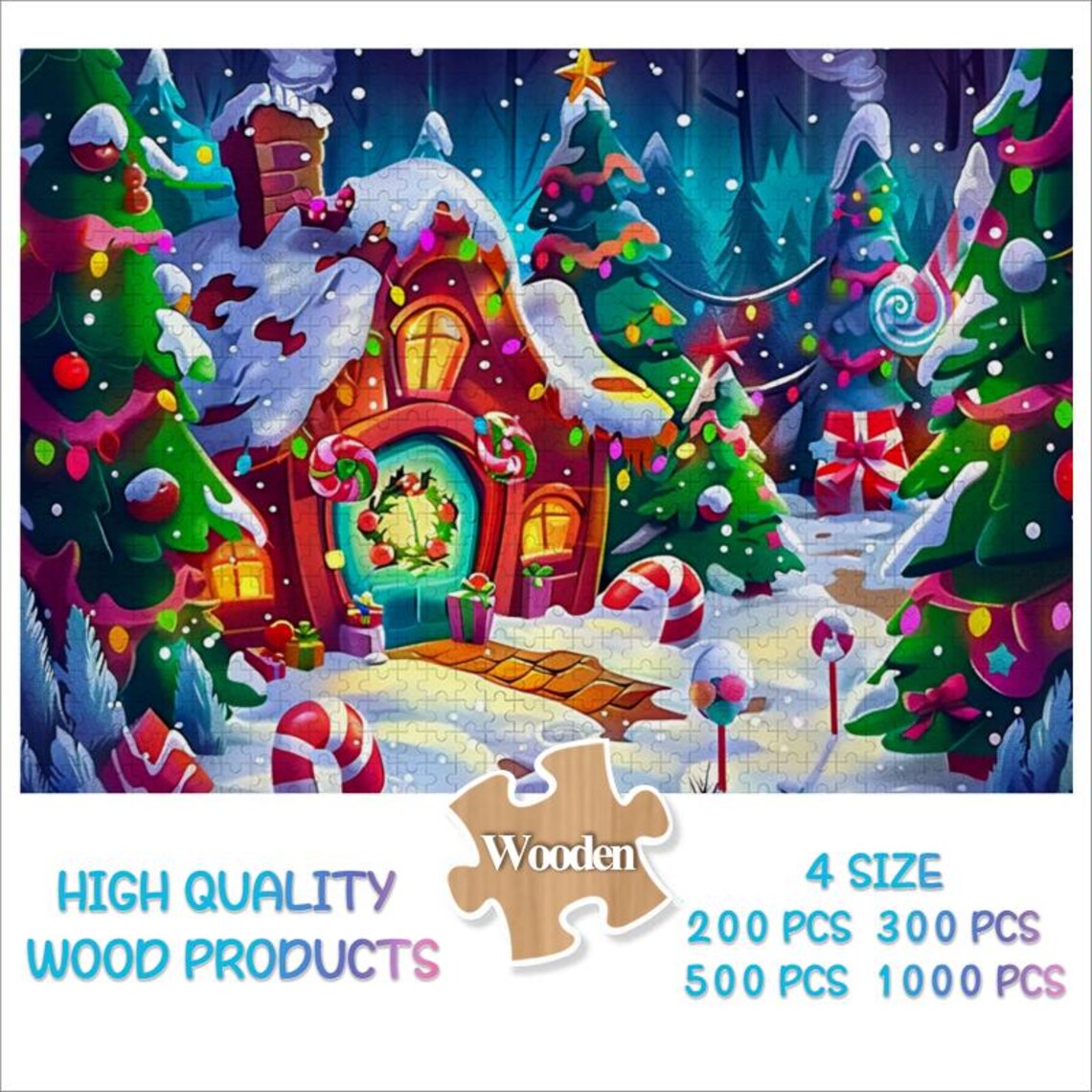 Christmas Candy House Cottage Snowy Village Night Lights Poster