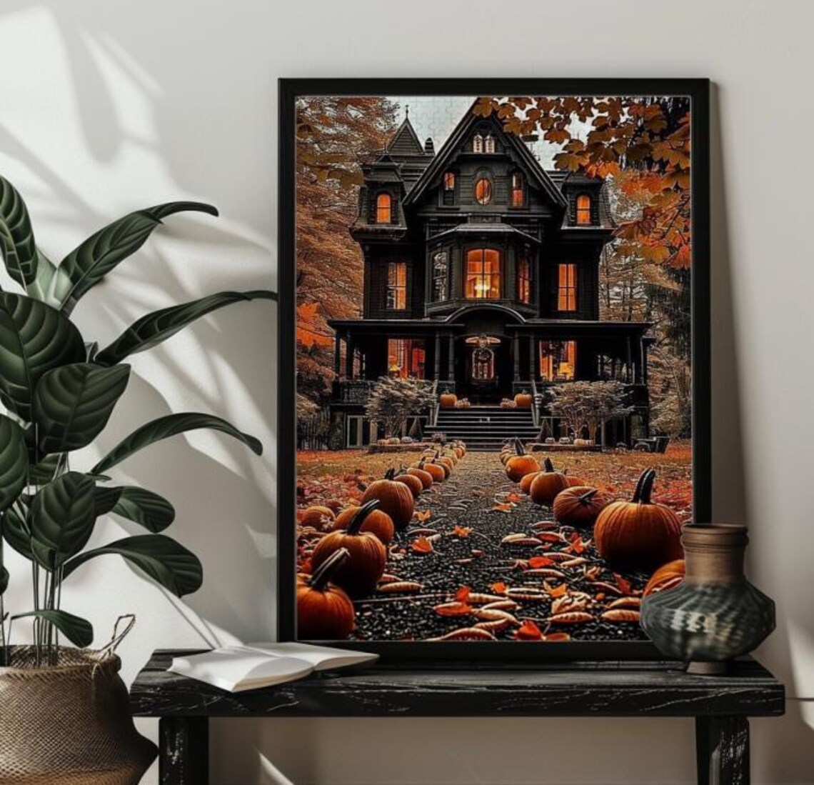 Spooky Victorian House With Pumpkin Path Autumn Night Art Poster - Image 3