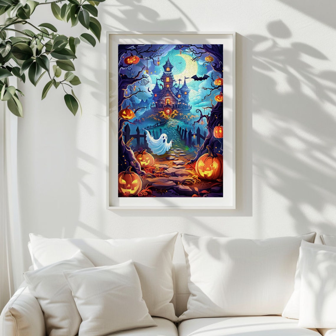 Halloween Haunted House with Ghost and Pumpkins Spooky Poster - Image 3
