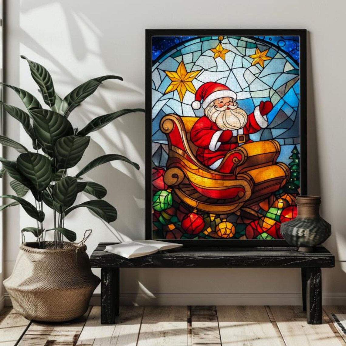 Stained Glass Christmas Santa Claus On Sleigh Jigsaw Puzzle Familysanta Claus Wall Art Decor3005001000 Christmas Puzzleschristmas Gift - Image 4