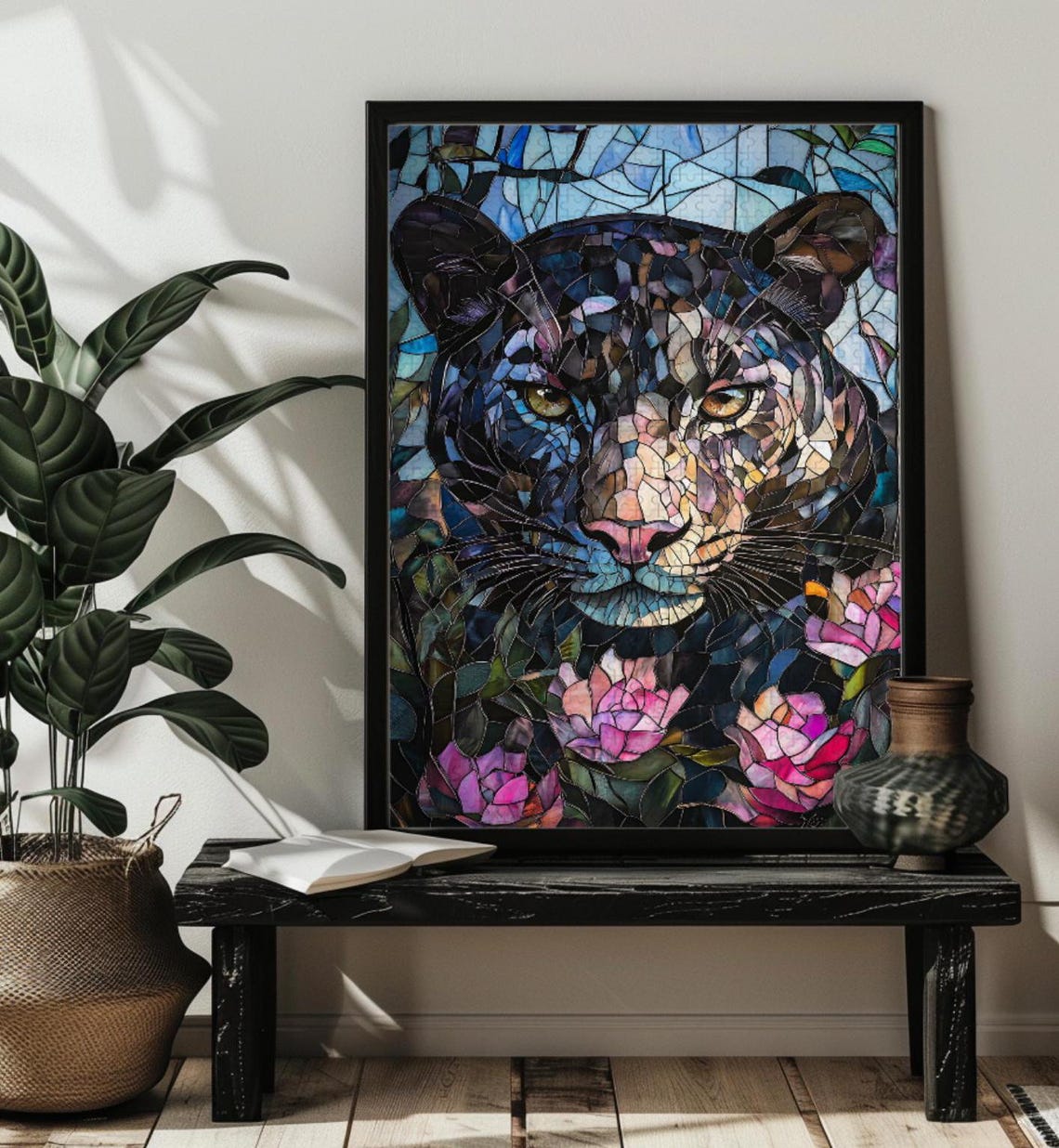 Stained Glass Black Panther Face with Pink Roses Feline Poster
