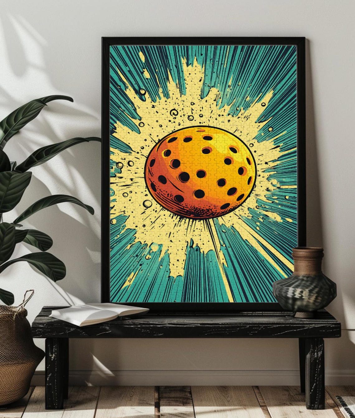 Retro Pop Art Pickleball Ball Yellow Comic Burst Sports Poster