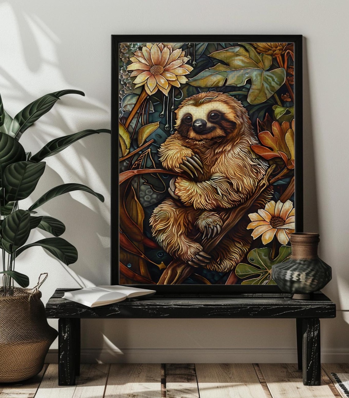 Smiling Sloth Hanging on a Branch Tropical Floral Art Poster