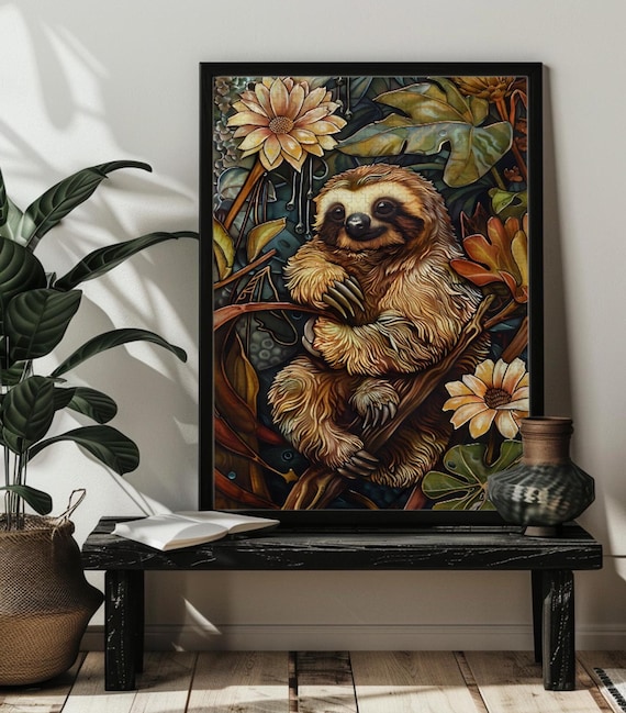 Smiling Sloth Hanging on a Branch Tropical Floral Art Poster