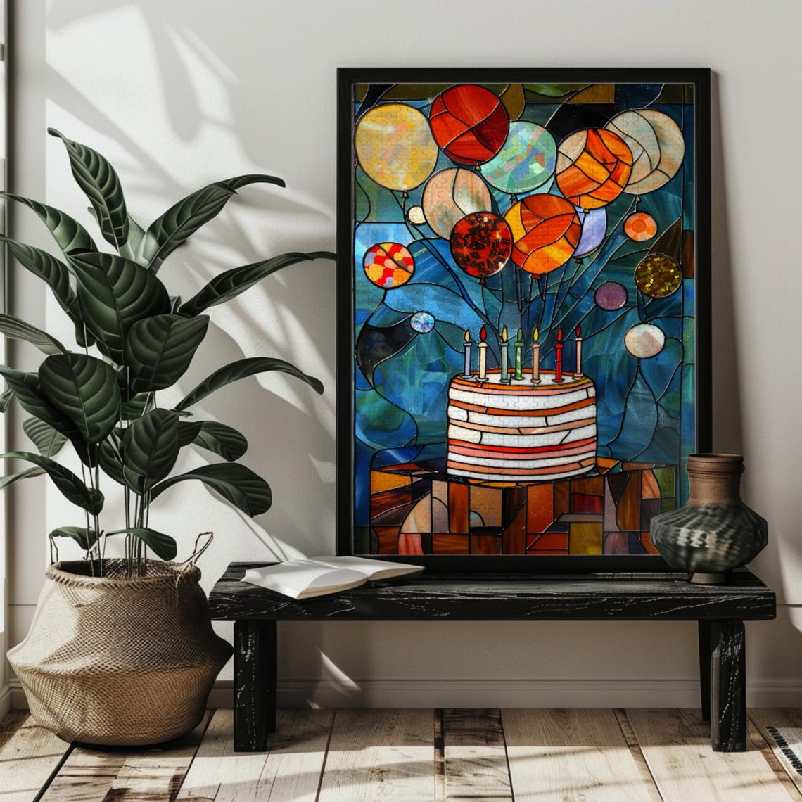 Birthday Cake with Candles and Balloons Stained Glass Poster - Image 3