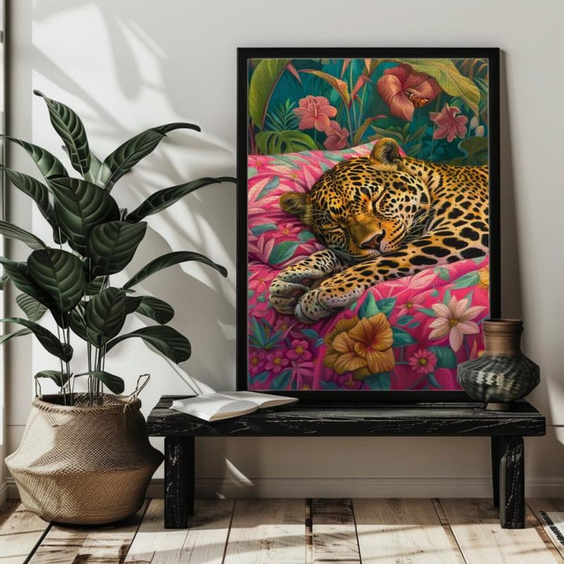 Sleeping Leopard Among Tropical Flowers Jungle Wildlife Art Poster - Image 4