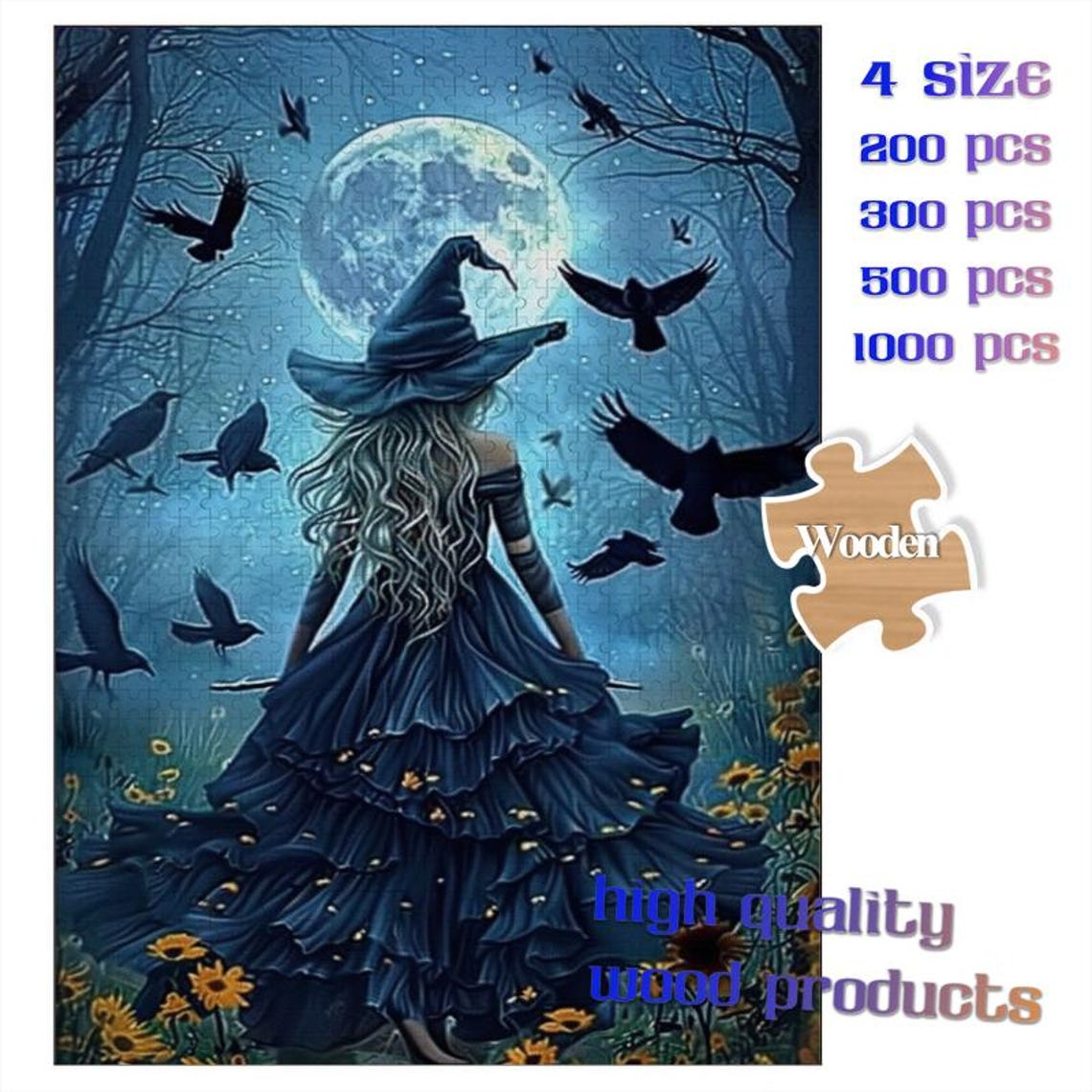 Moonlit Witch in the Forest Ravens Blue Magic Night Art Poster - Image 3