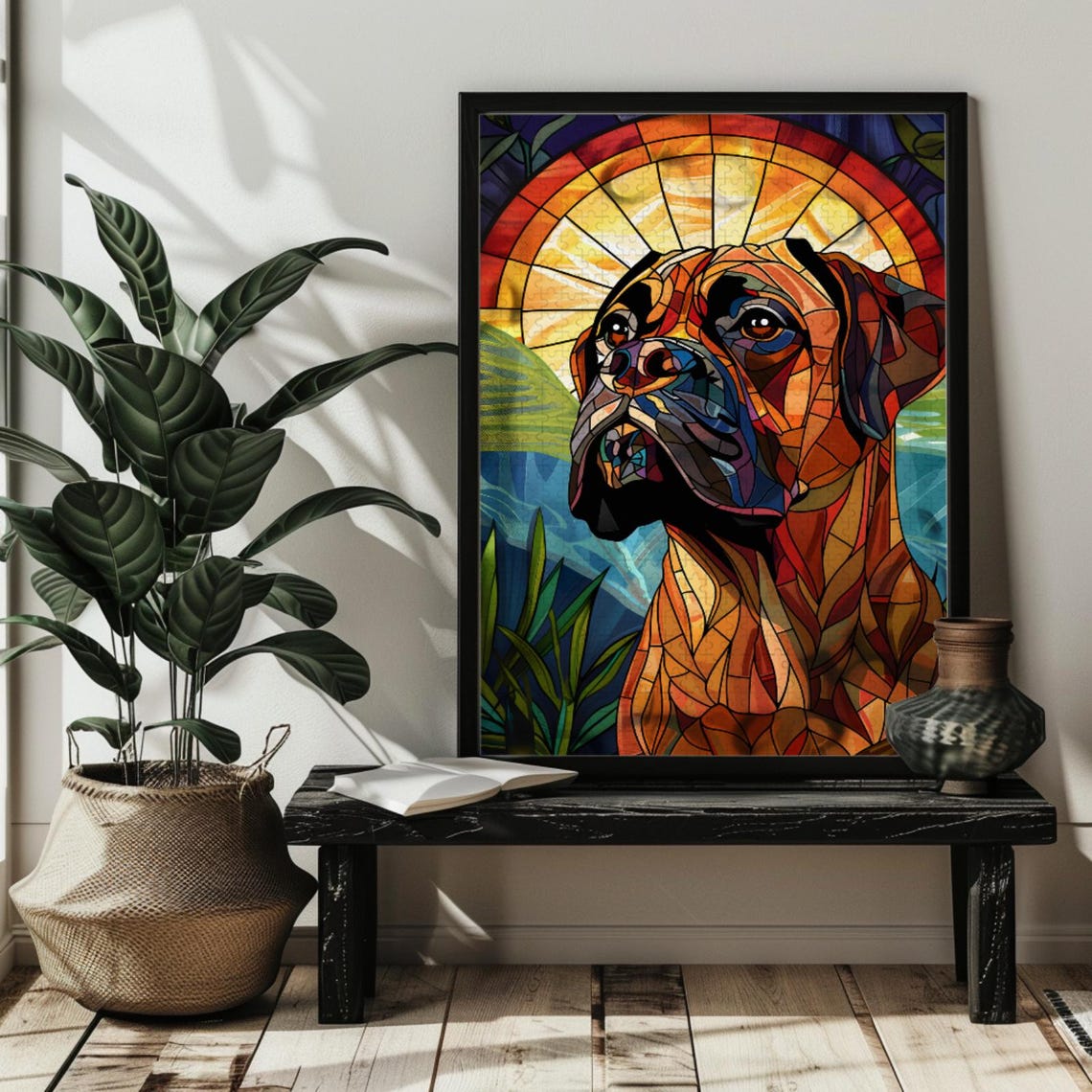 Stained Glass Boxer Dog Portrait with Roses Dog Lover Poster - Image 2