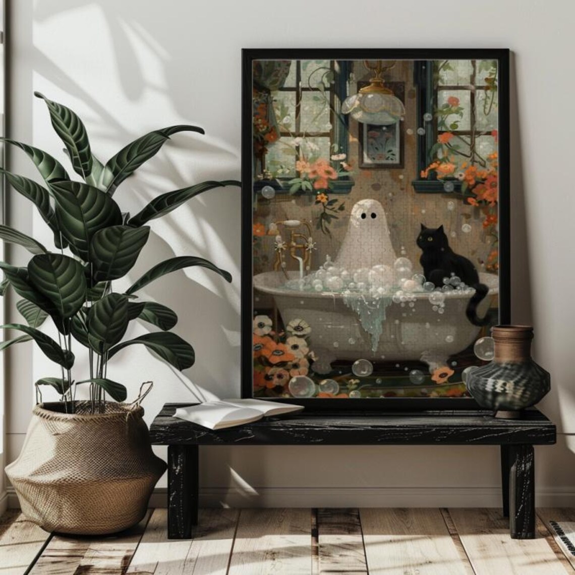 Ghost And Cat In Bathtub Halloween Art Print - Image 2