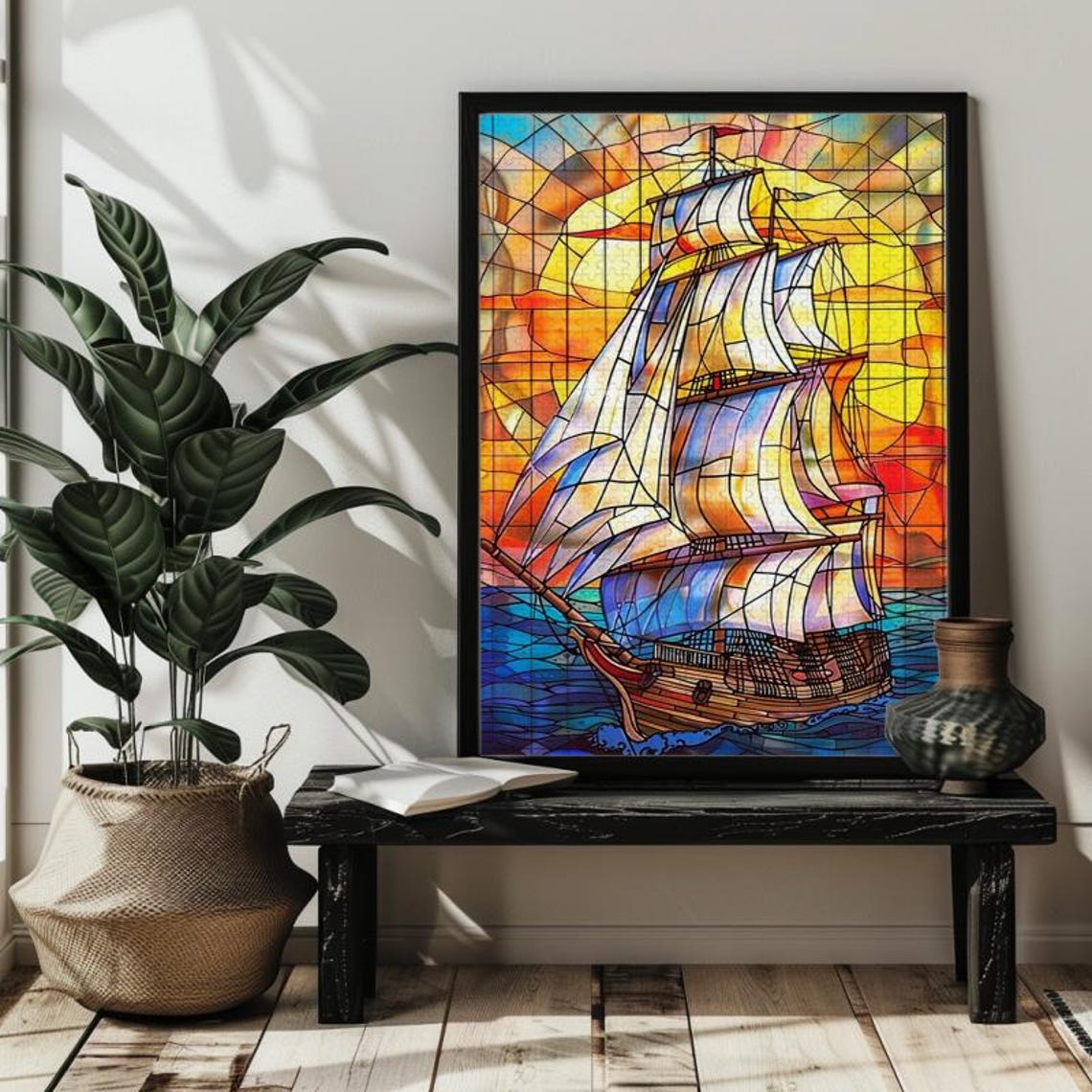 Tall Sailing Ship at Sunset Stained Glass Nautical Art Poster - Image 3