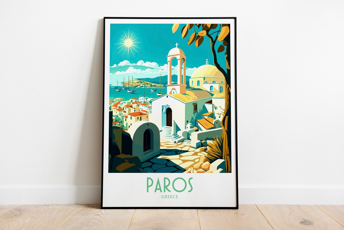Paros Greece White Church Bell Tower Harbor Retro Travel Poster