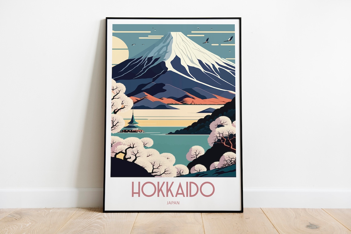 Hokkaido Japan Mount Fuji Cherry Blossom Pagoda Travel Poster