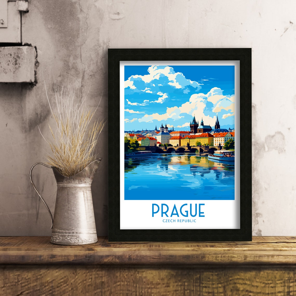 Prague Old Town Panorama Travel Poster River Bridge Vintage Blue Art - Image 2