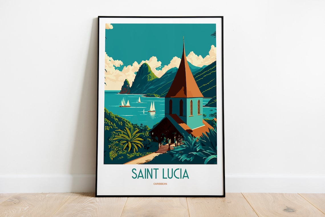 Saint Lucia Caribbean Church Harbor Sailboats Vintage Travel Poster