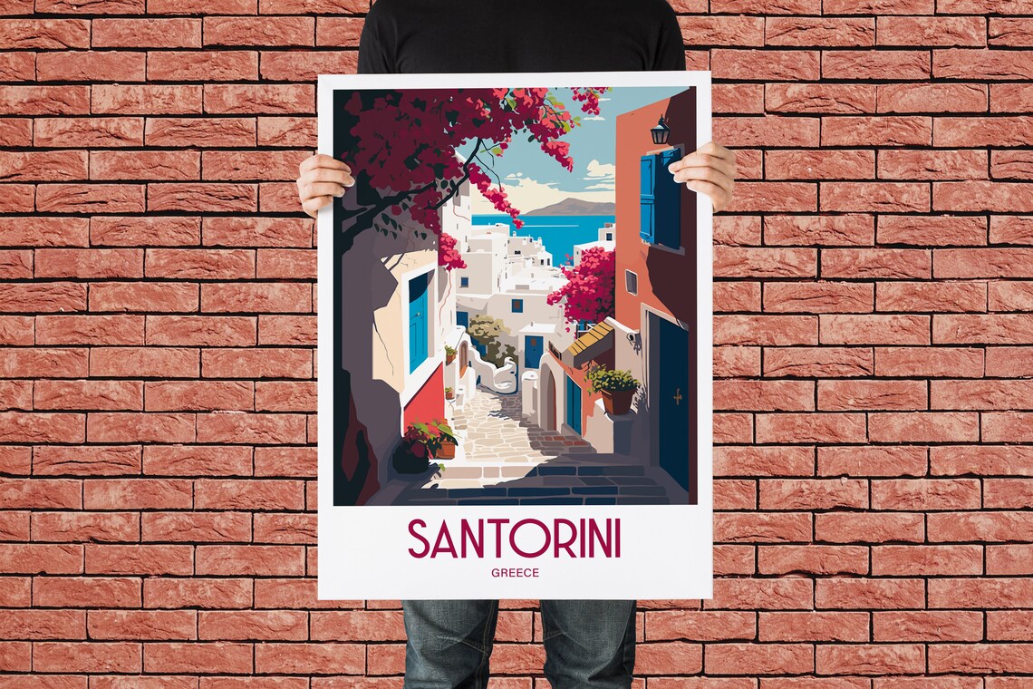 Santorini Greece Travel Poster with Whitewashed Village and Sea - Image 3