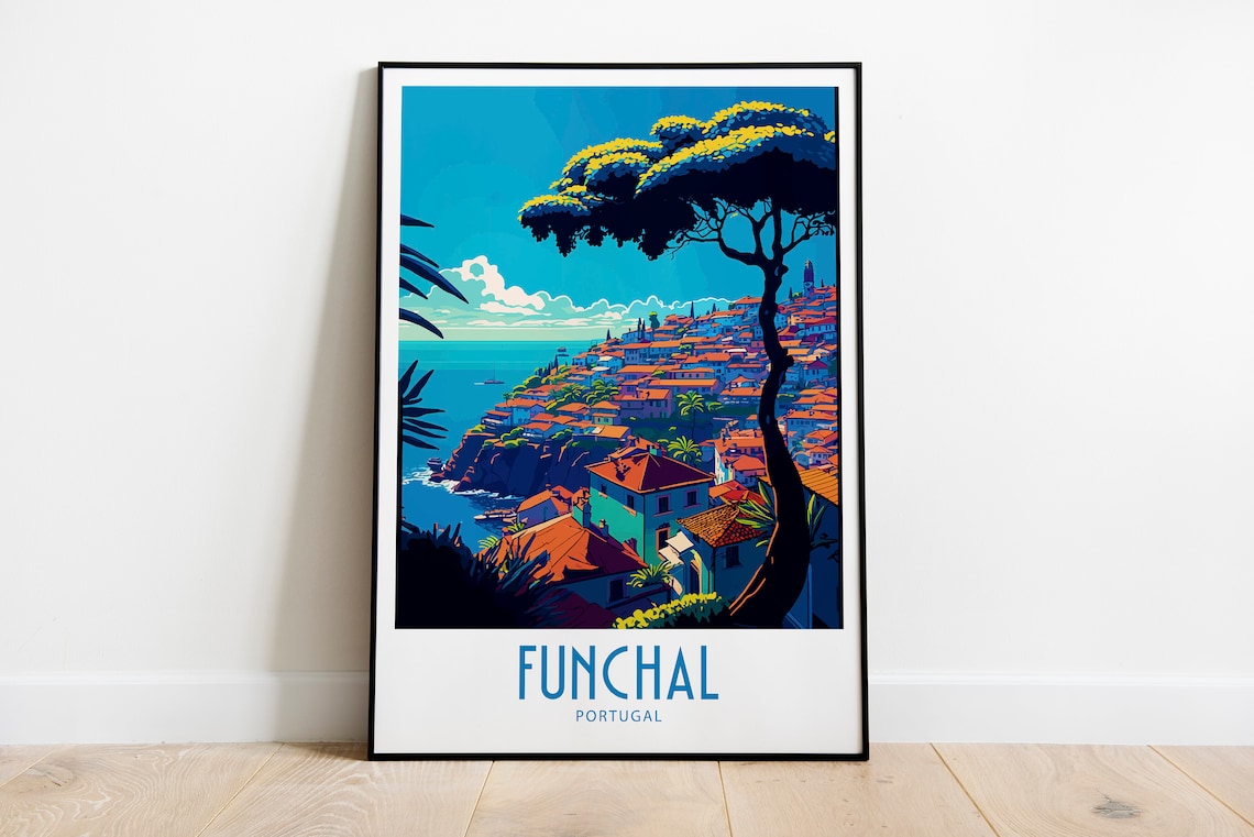 Funchal Portugal Hillside Town Ocean View Vintage Travel Poster