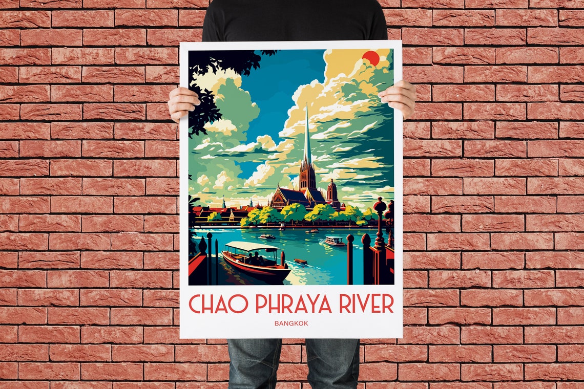 Chao Phraya River Bangkok Temple Boats Red Sun Travel Poster - Image 2