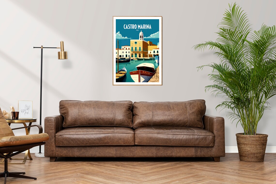 Castro Marina Italy Harbor Boats Yellow Buildings Travel Art Poster - Image 2