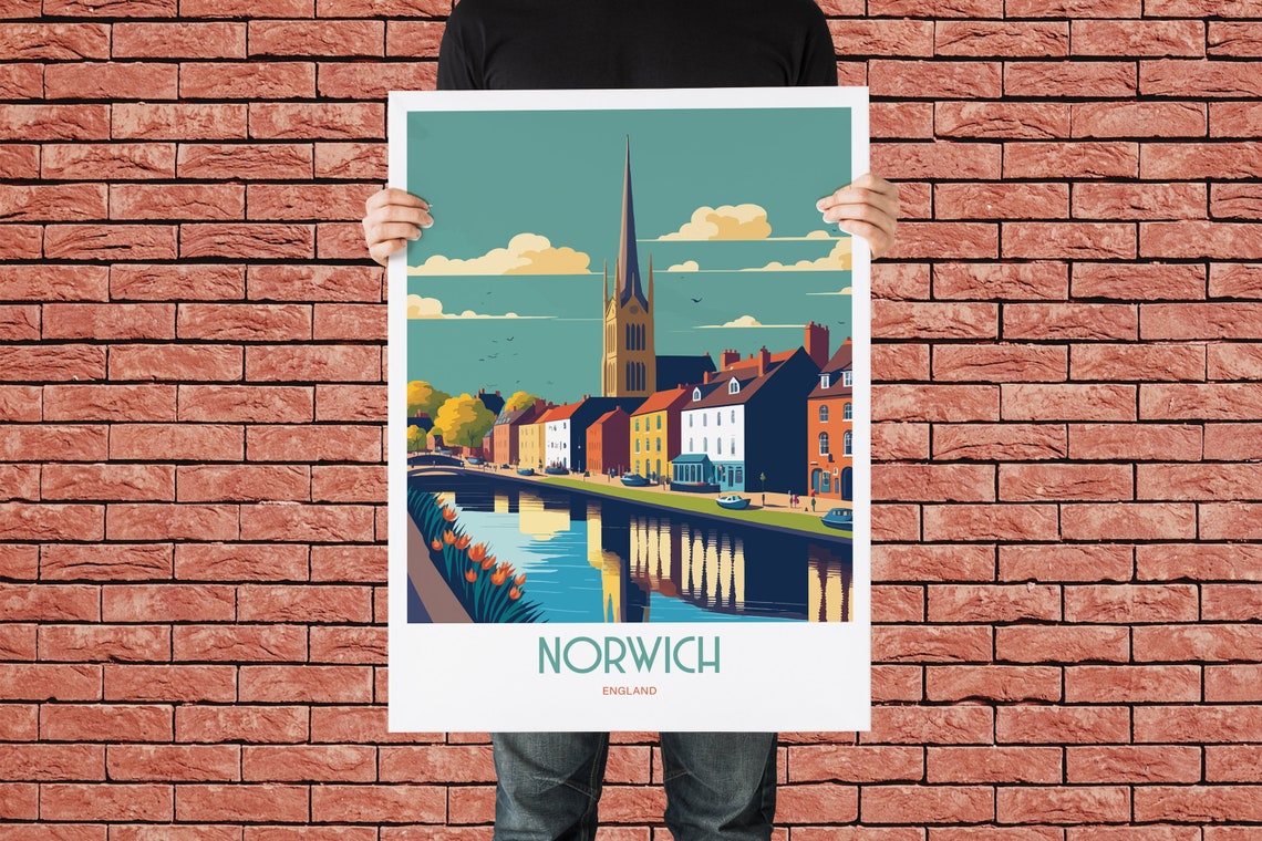 Norwich England Riverside Cathedral Spire Vintage Travel Poster - Image 2