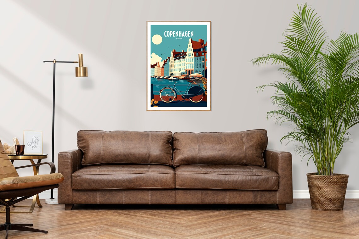Copenhagen Denmark Canal Houses Vintage Bicycle Retro Travel Poster - Image 3