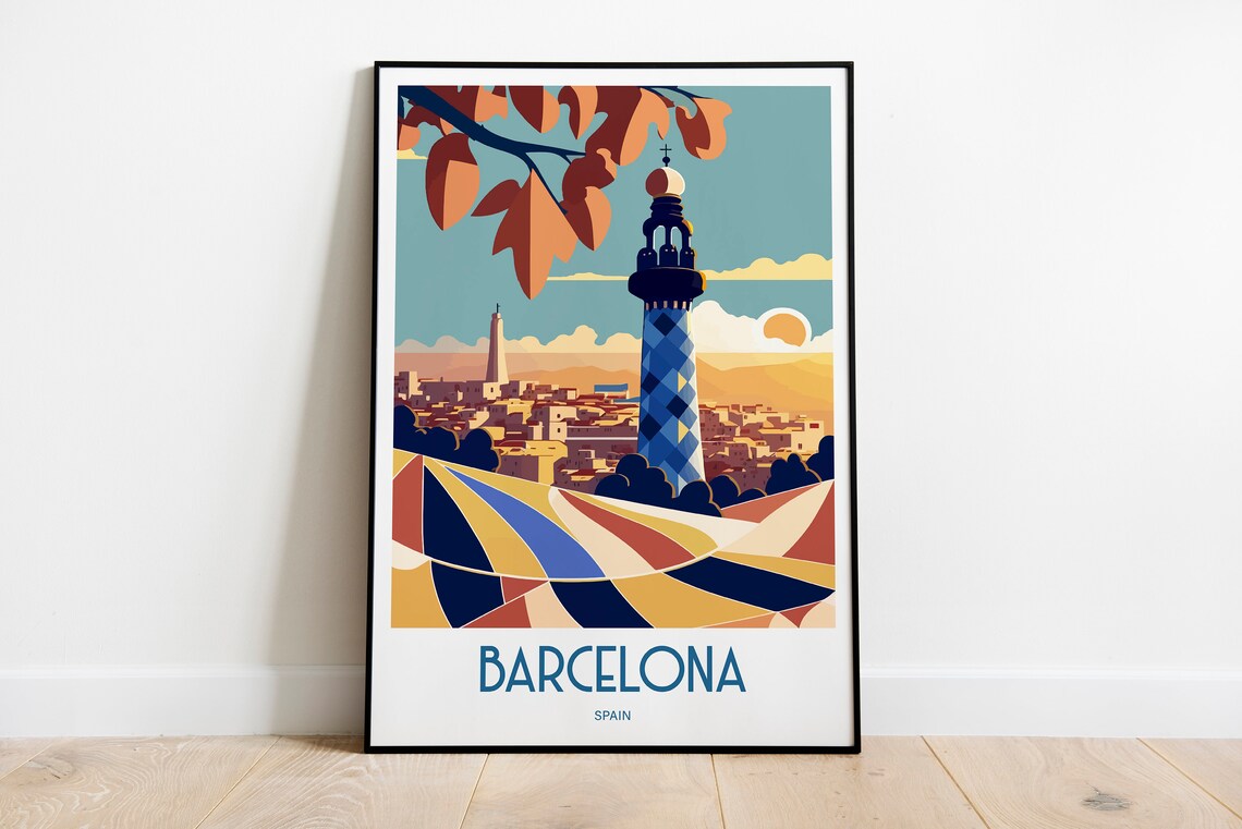 Barcelona Spain Mosaic Tower Cityscape Vintage Travel Poster