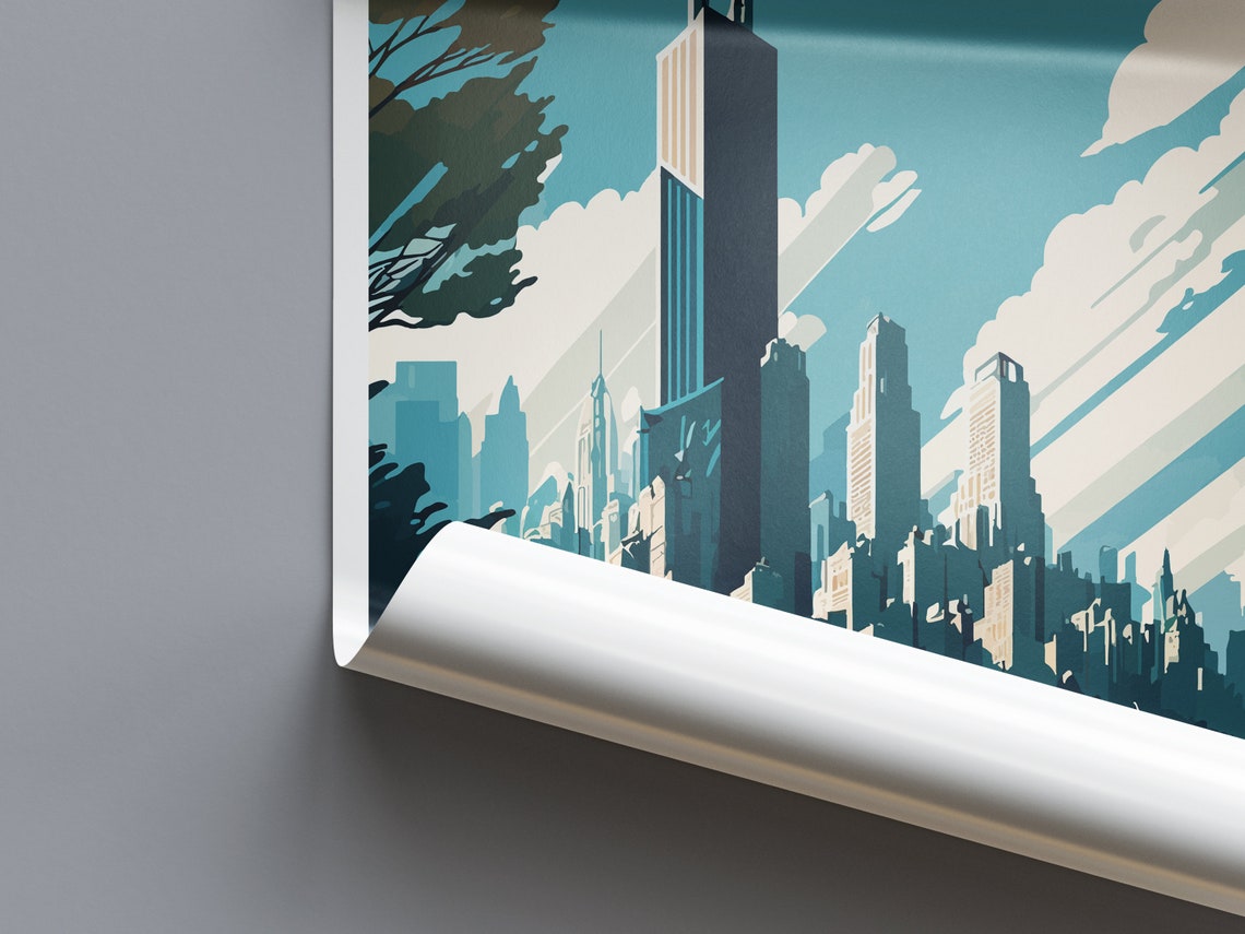 Chicago Skyline Stylized Blue Skyscraper Illustration Wall Art