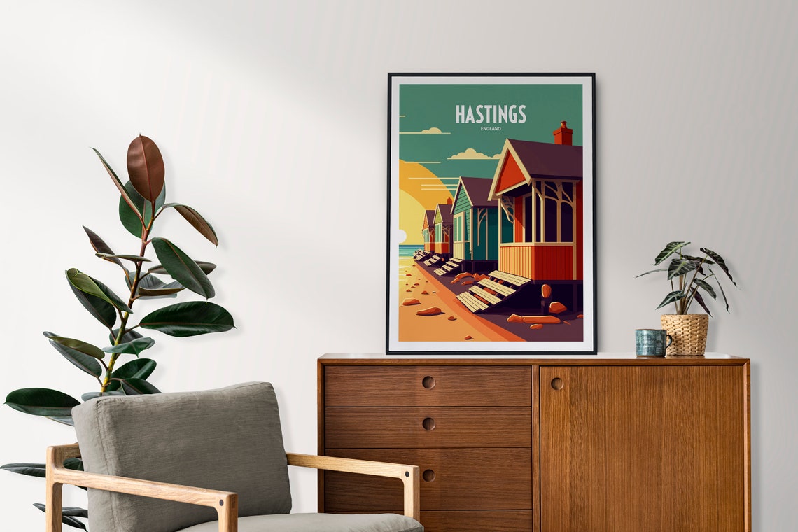 Hastings England Beach Huts Sunset Seaside Vintage Travel Art Poster - Image 2