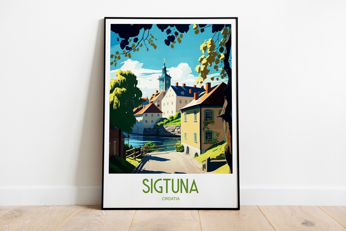 Sigtuna Croatia Riverside Old Town Vintage Travel Poster Art