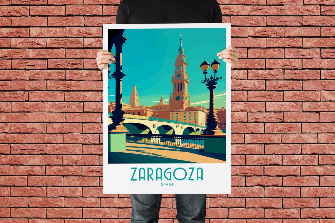Zaragoza Spain Cathedral Bridge Golden Hour Retro Travel Poster - Image 2