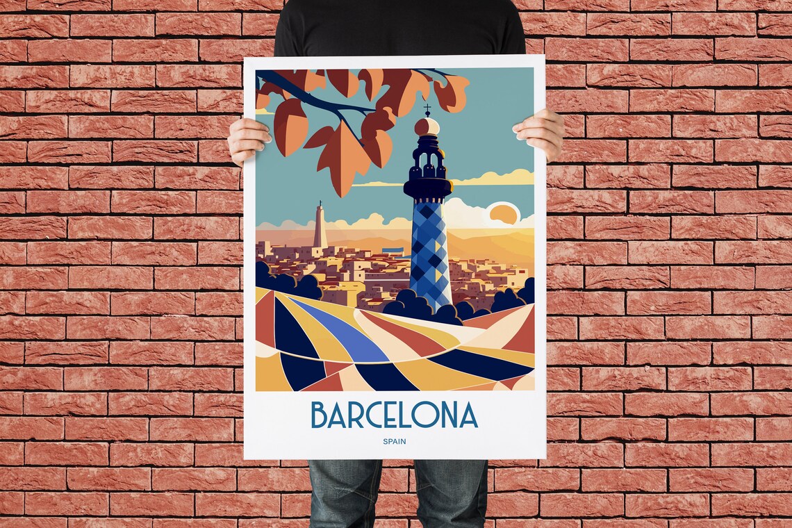 Barcelona Spain Mosaic Tower Cityscape Vintage Travel Poster - Image 3