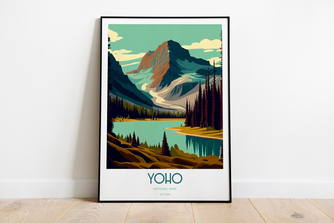 Yoho National Park Canada Travel Poster with Alpine Lake and Peaks