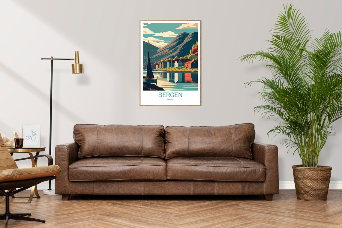 Bergen Norway Harbor Sailboat Hillside Houses Fjord Travel Poster - Image 3