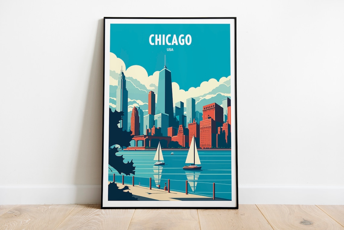 Chicago USA Lakefront Skyline Sailboats Retro Style Travel Poster