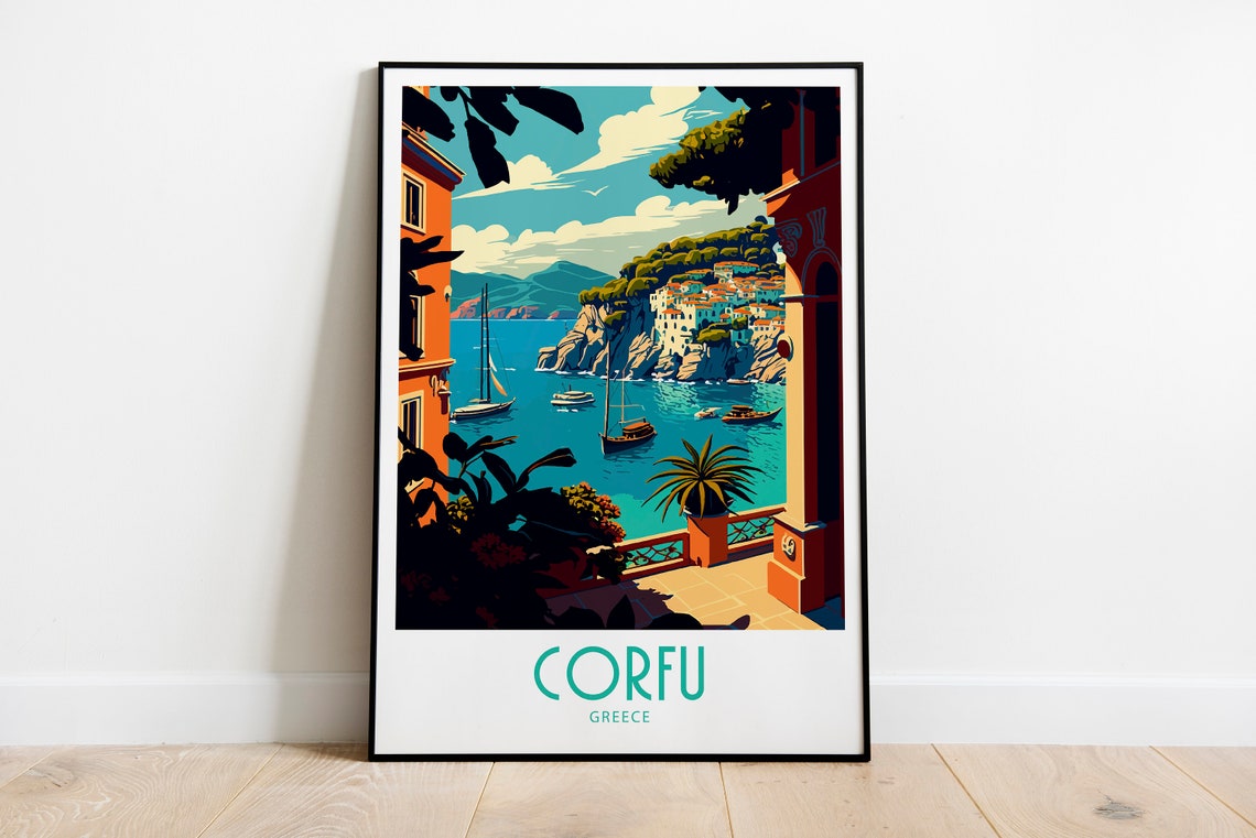 Corfu Greece Turquoise Bay Sailboats Retro Travel Art Poster