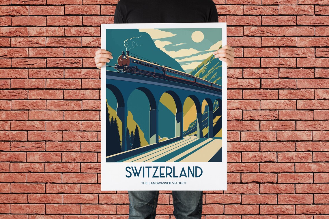 Switzerland Landwasser Viaduct Train Vintage Alpine Travel Poster - Image 3