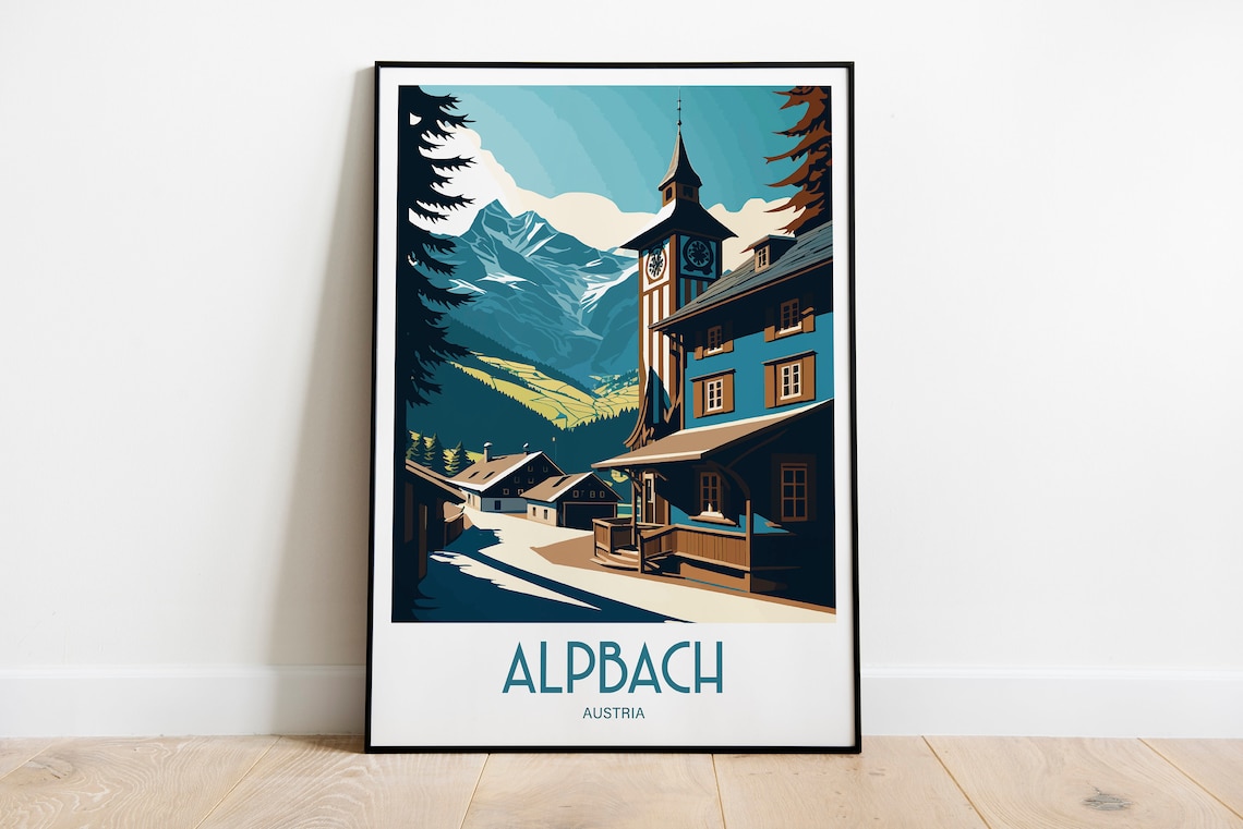 Alpbach Austria Alpine Village Clock Tower Vintage Travel Poster