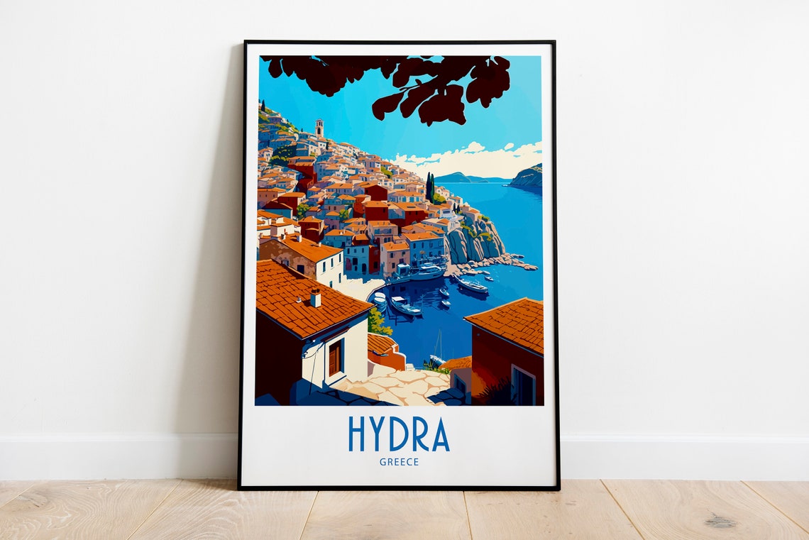 Hydra Greece Hillside Harbor Town Seaside Vintage Travel Poster