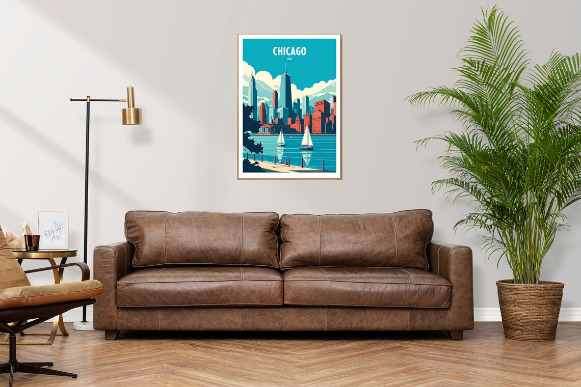 Chicago USA Lakefront Skyline Sailboats Retro Style Travel Poster - Image 3