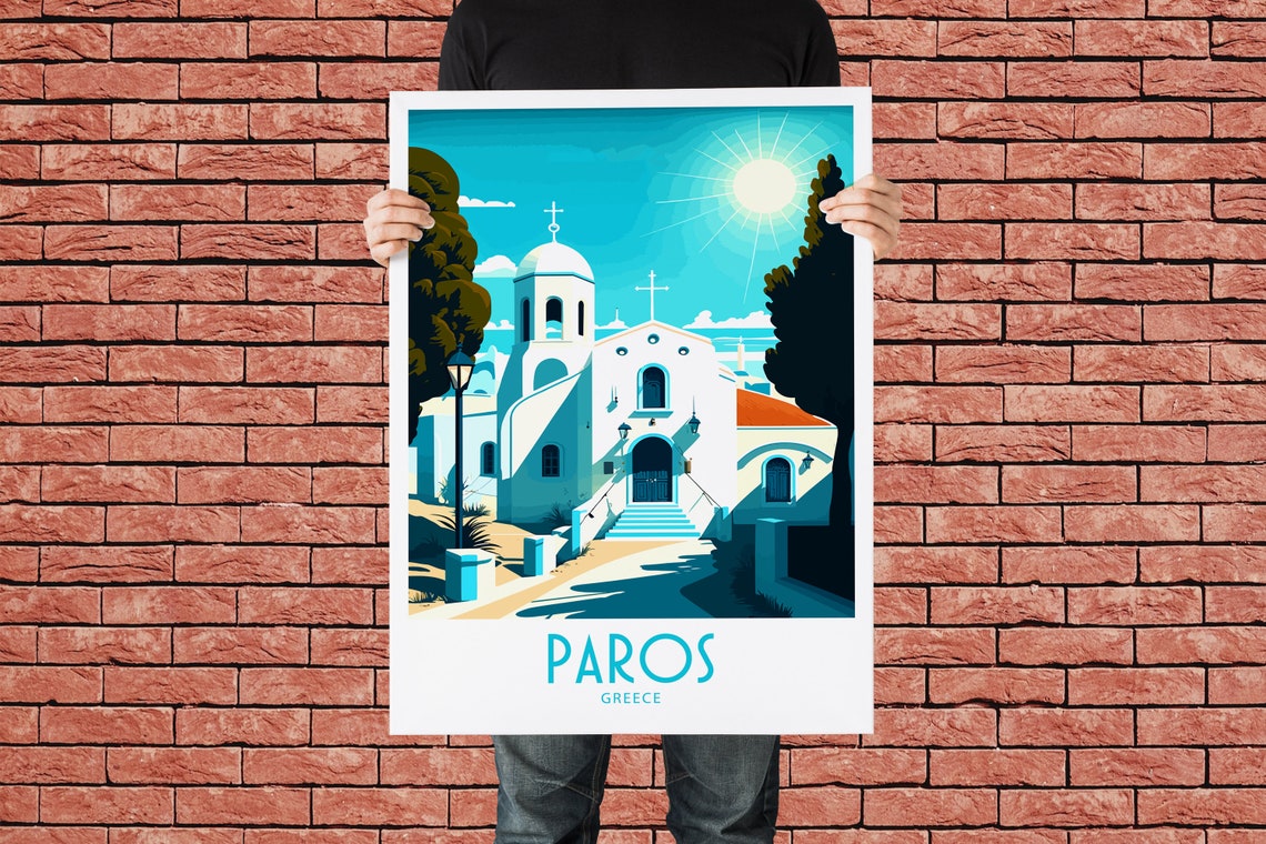 Vintage Paros Greece Travel Poster Whitewashed Church Sunshine Art - Image 2
