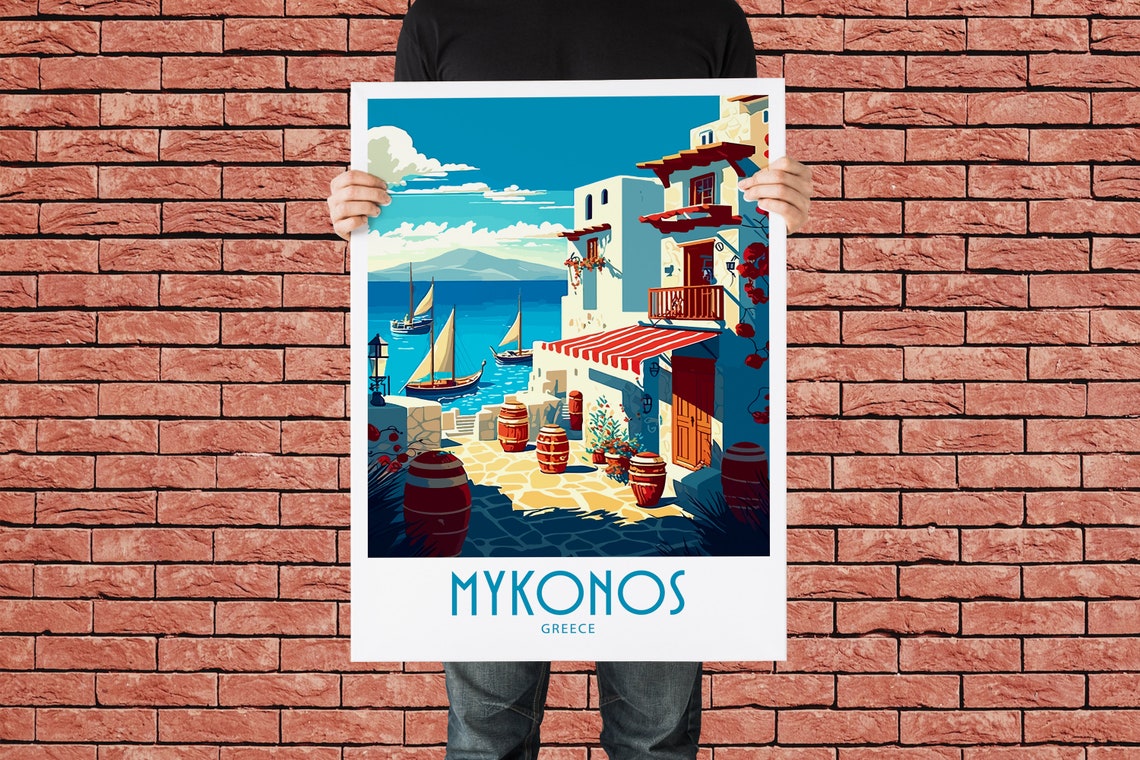 Vintage Mykonos Greece Travel Poster Whitewashed Street Sea Art - Image 2