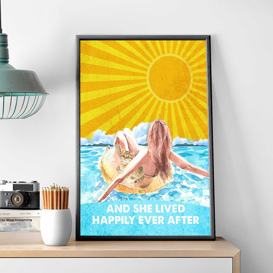 Swimming Girl With Cat Print And She Lived Happily Ever After Poster Vintage Swim Girl Wall Art Swimming Wall Decor Swimming Pool Girl - Image 2
