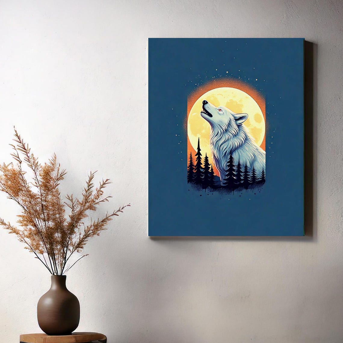 Howling Wolf under Full Moon Pine Forest Night Wildlife Art Poster - Image 3