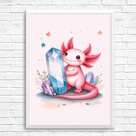 Axolotl Art Print, Kawaii Pastel Whimsical
