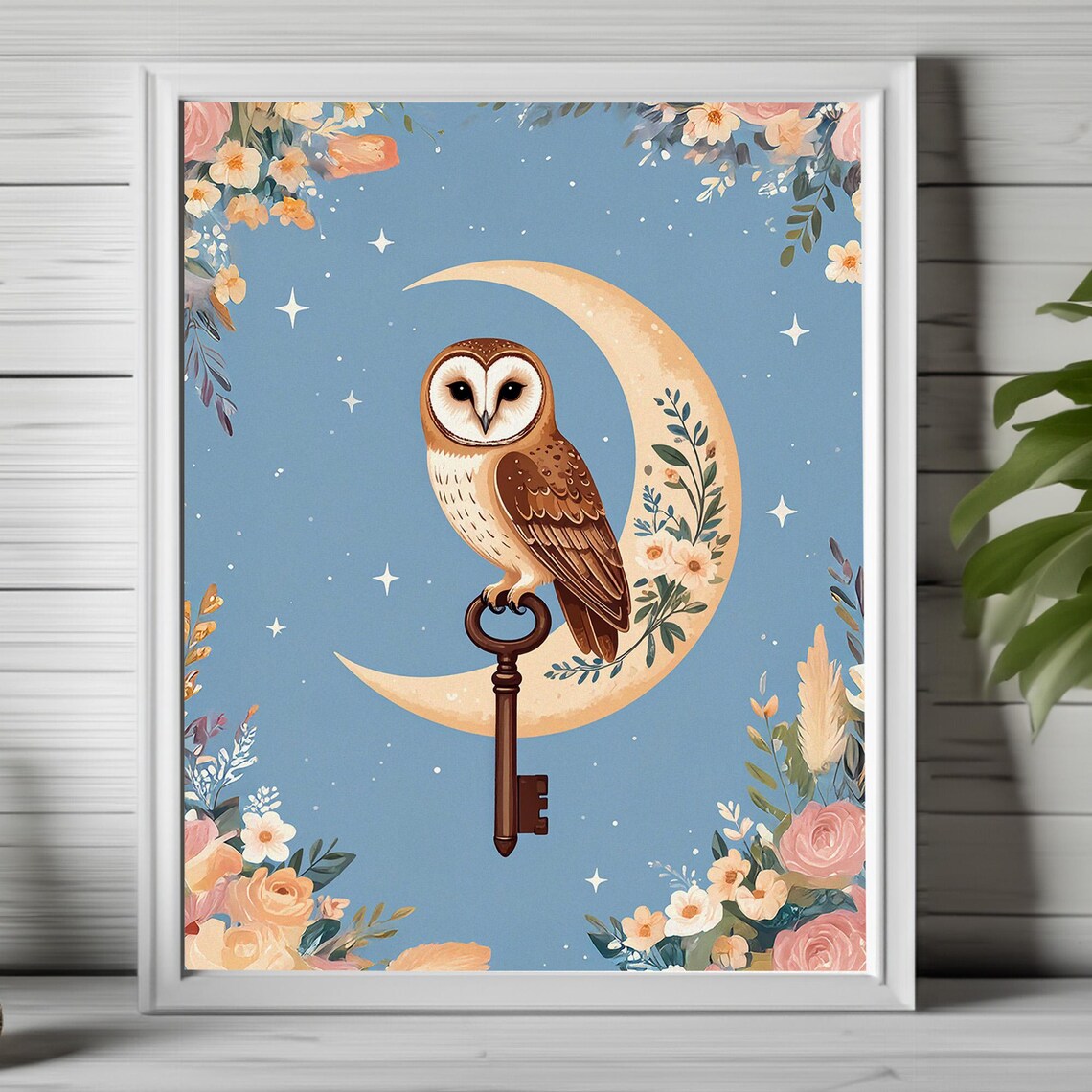 Owl Crescent Moon, Celestial Boho Poster