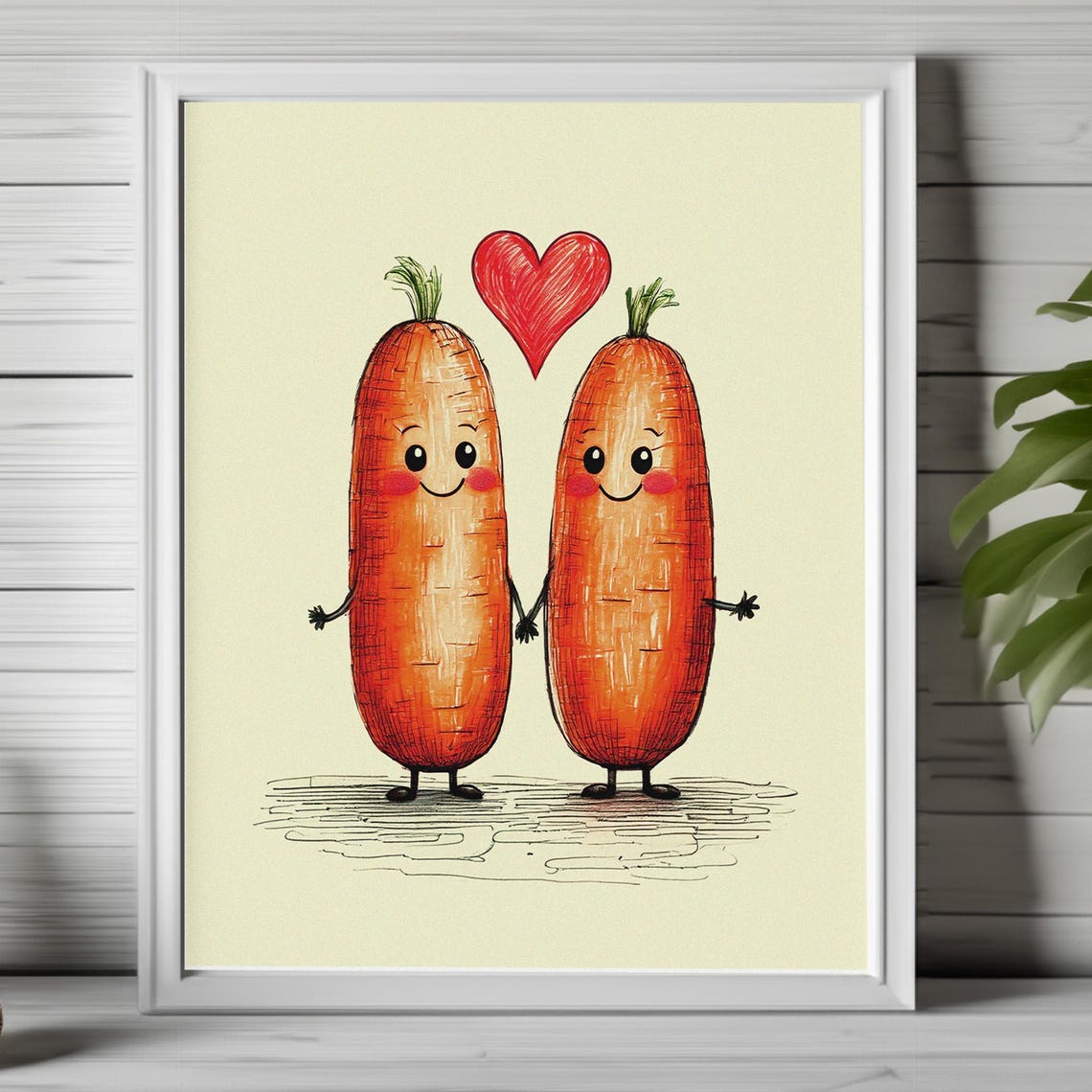 Cute Smiling Carrot Couple Holding Hands with Red Heart Poster