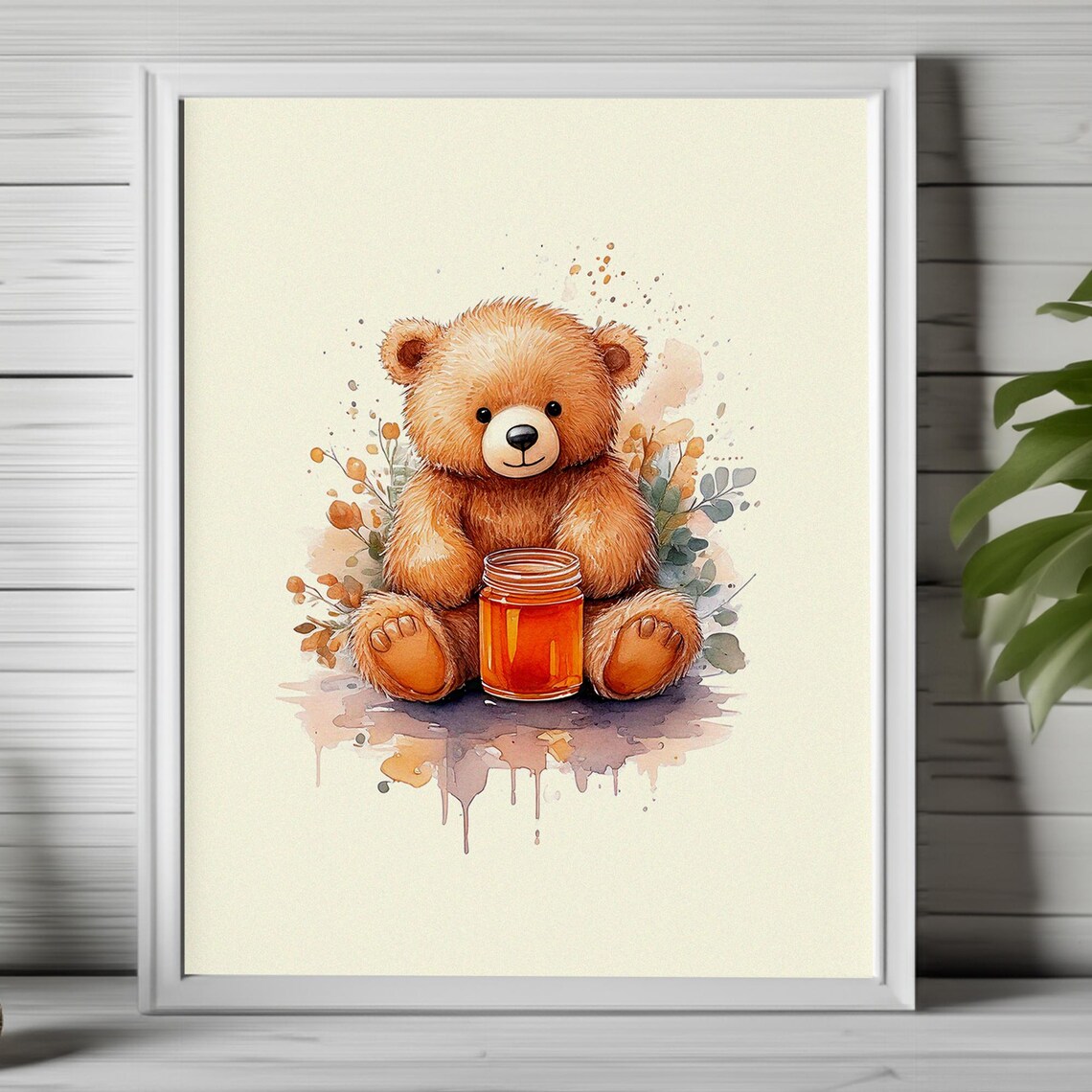 Sweet Teddy Bear Holding Honey Jar Watercolor Nursery Poster - Image 3