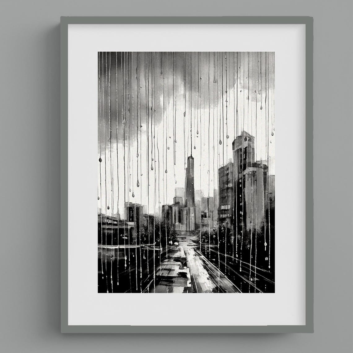 Rainy City Street Through Window Monochrome Moody Cityscape Poster