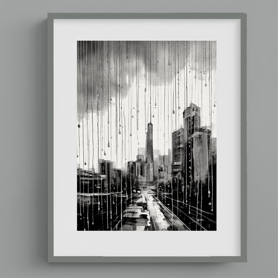 Monochrome Cityscape Art Moody Art Print Dark Mood Art Rainy City Print Art For Apartment Black And White Art 046