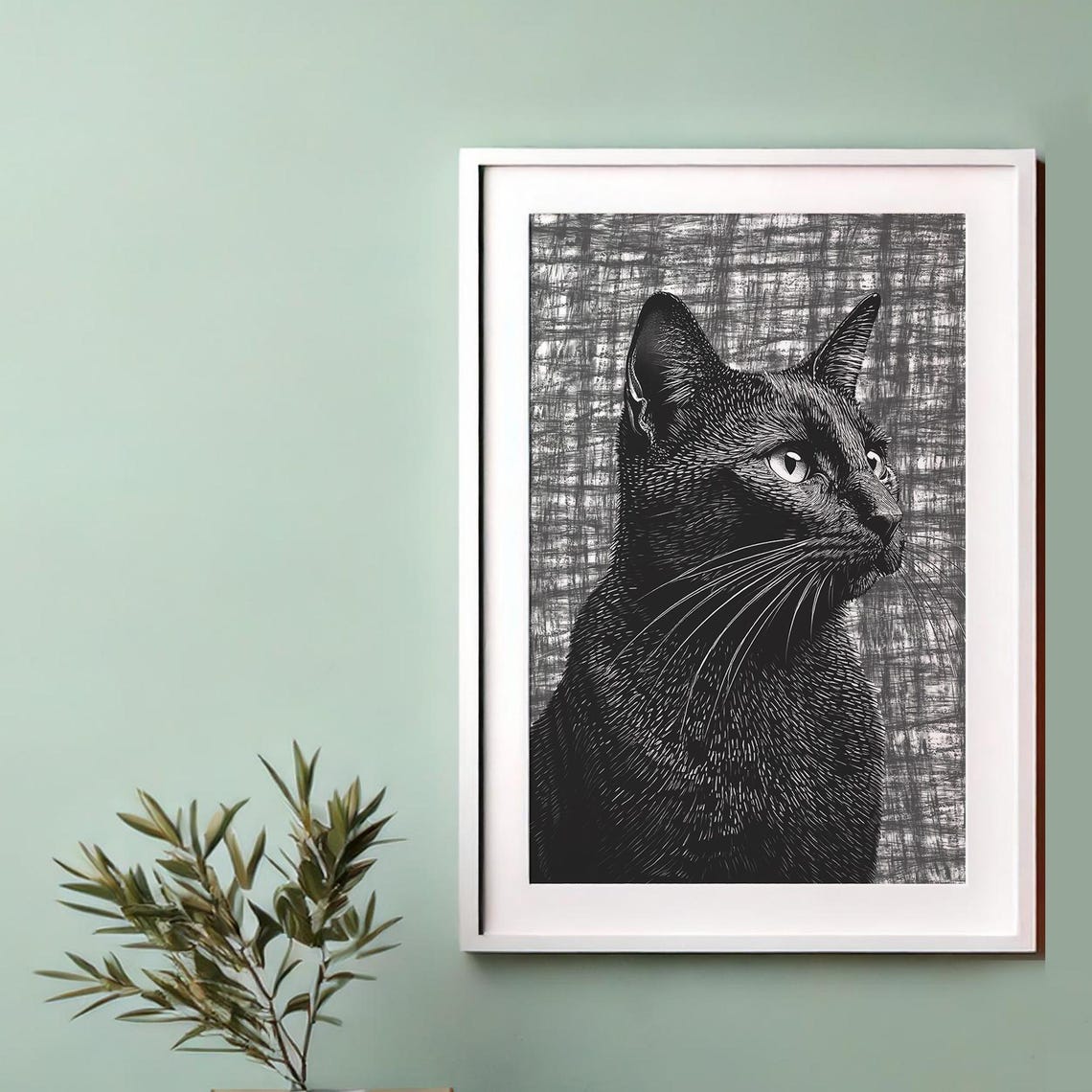 Black Cat Profile Monochrome Line Art Portrait Wall Decor Poster - Image 2